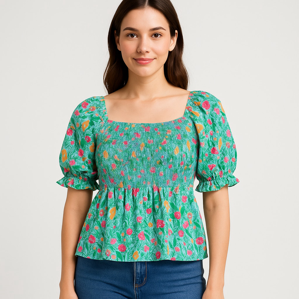 Michelle McDowell Smocked Square Neck Floral Puff Sleeve Peplum Top L NWT